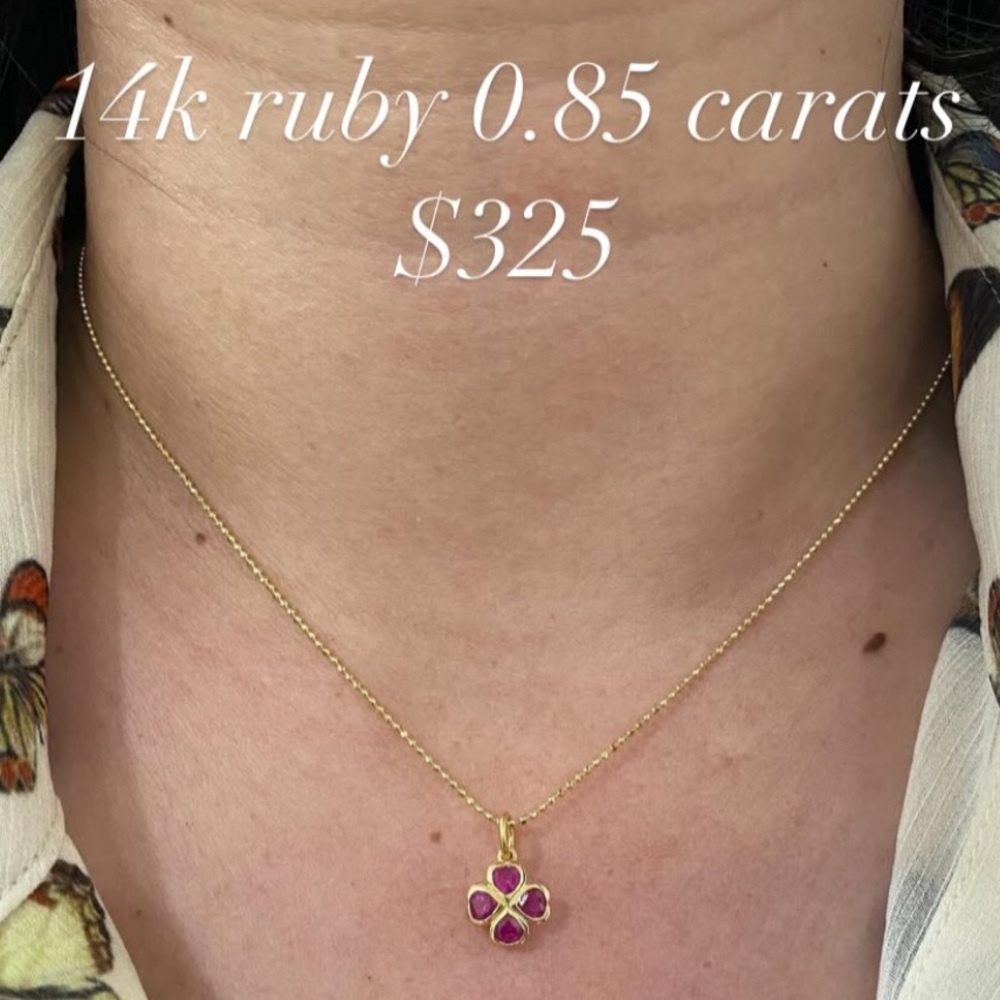 14k Gold & Natural Ruby Lucky Four Leaf Clover Mini Charm - Picture 2 of 5